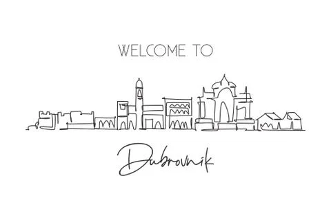 One continuous line drawing of Dubrovnik city skyline, Croatia Illustrazione stock