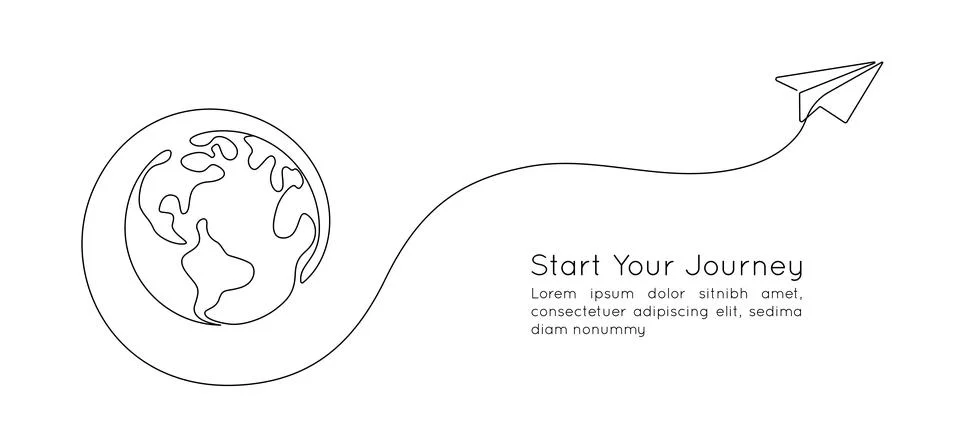 One continuous line drawing of Earth globe with paper airplane. Flight route Stock Illustration
