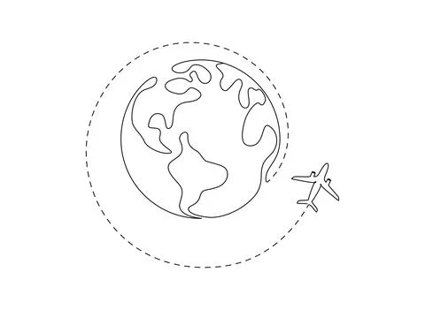 One continuous line drawing of Earth globe with airplane and dach path. Flight Stock Illustration