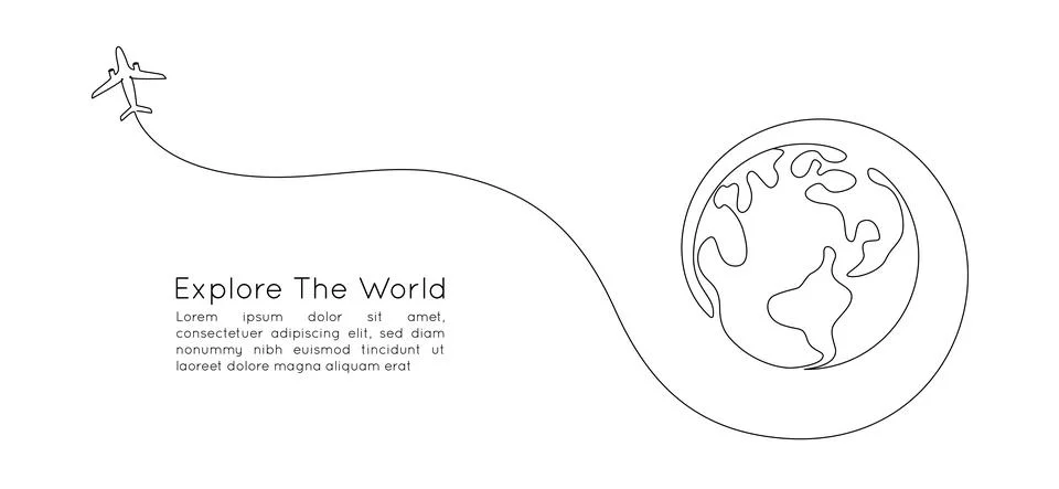 One continuous line drawing of Earth globe with airplane. Flight route path on Stock Illustration