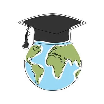 One continuous line drawing of Earth globe with graduation hat.World map do.. Stock-Illustration