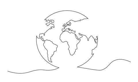 One continuous line drawing of Earth globe.World map doodle line drawing. E.. Stock Illustration