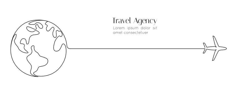 One continuous line drawing of Earth globe with airplane. Flight route path on Stock Illustration