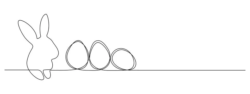 One continuous line drawing of Easter eggs and rabbit. Greeting banner design Stock Illustration