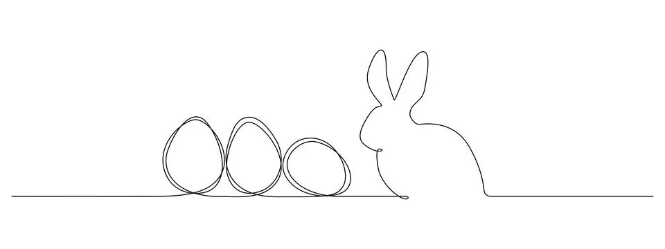 One continuous line drawing of Easter eggs and rabbit. Greeting banner design Stock Illustration