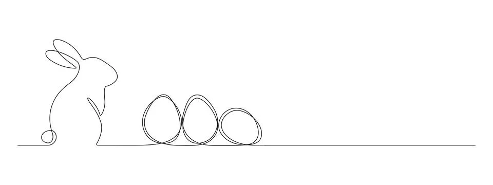 One continuous line drawing of Easter eggs and rabbit. Greeting banner design Stock Illustration