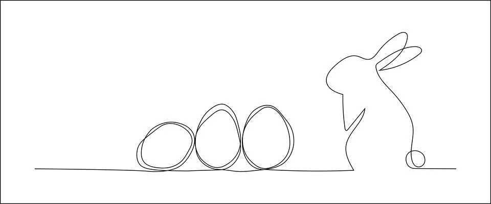 One continuous line drawing of Easter eggs and rabbit. Greeting banner design Stock Illustration