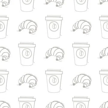 One Continuous Line Drawing. Fast Food Doodle. Croissant Icon and Cup of Coff Stock Illustration