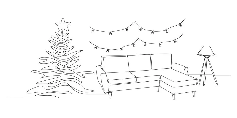 One continuous Line drawing of festive interior with sofa and lamp, christmas Stock Illustration