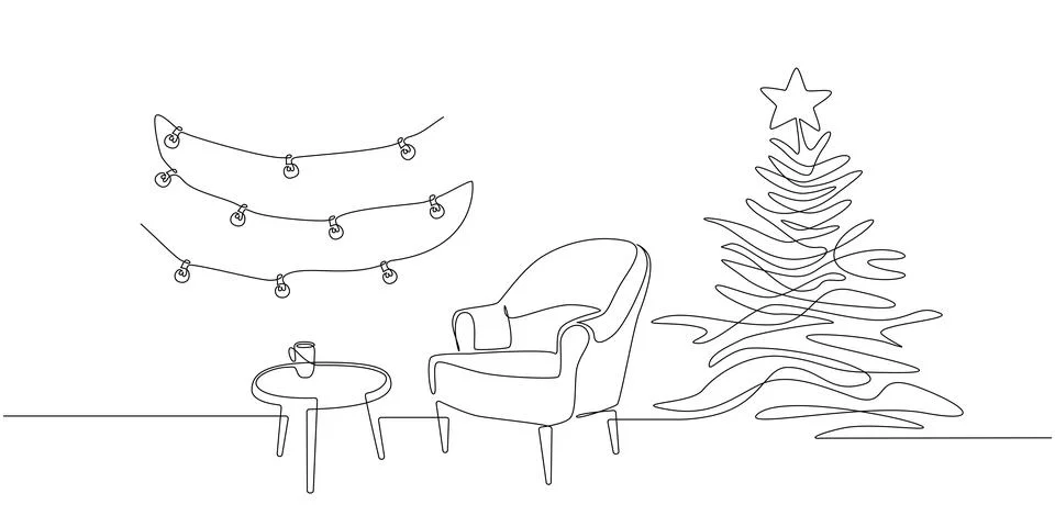 One continuous Line drawing of festive interior with armchair and christmas tree Stock Illustration