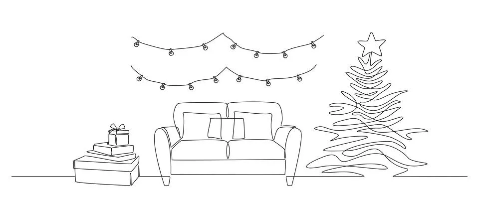 One continuous Line drawing of festive interior with sofa and christmas tree Stock Illustration