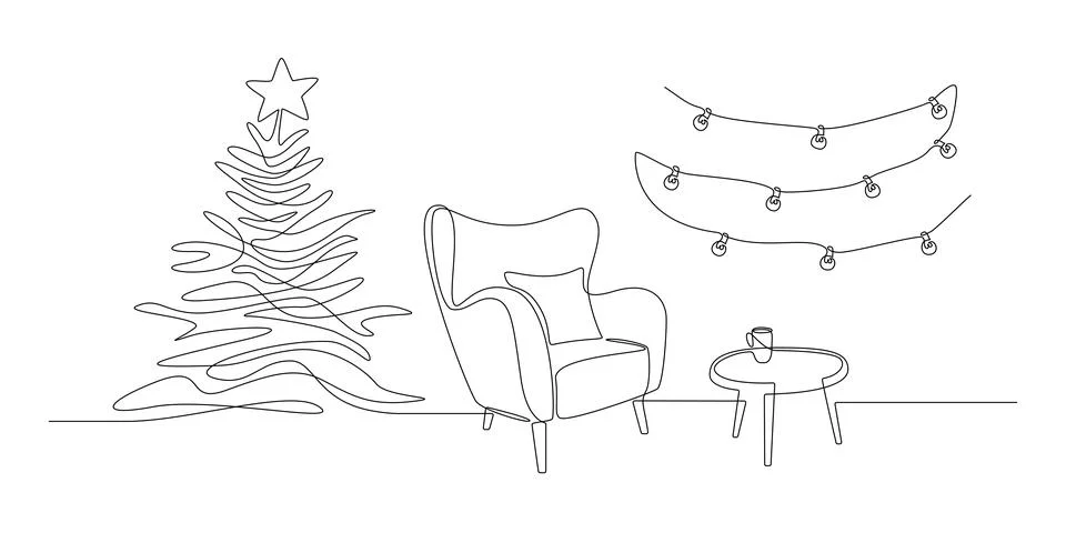 One continuous Line drawing of festive interior with armchair and christmas tree Stock Illustration
