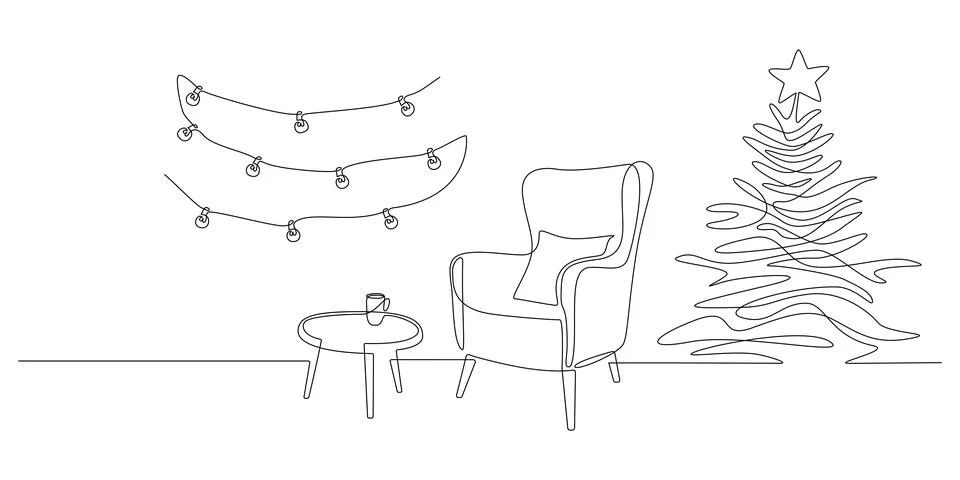 One continuous Line drawing of festive interior with armchair and christmas tree Stock Illustration
