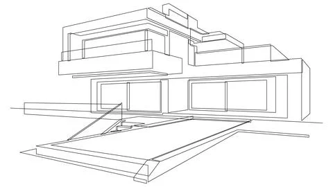 One continuous line drawing of flat roof house with swimming pool. Stock Illustration