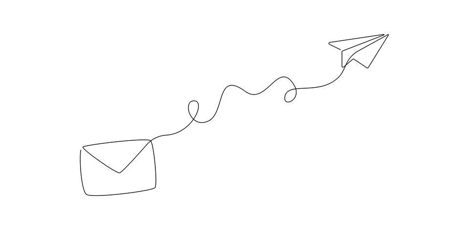 One continuous line drawing of flying Paper plane and mail. Sending letter and Stock Illustration