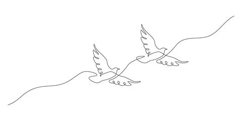 One continuous line drawing of flying couple doves. Two Birds symbol of peace Stock Illustration