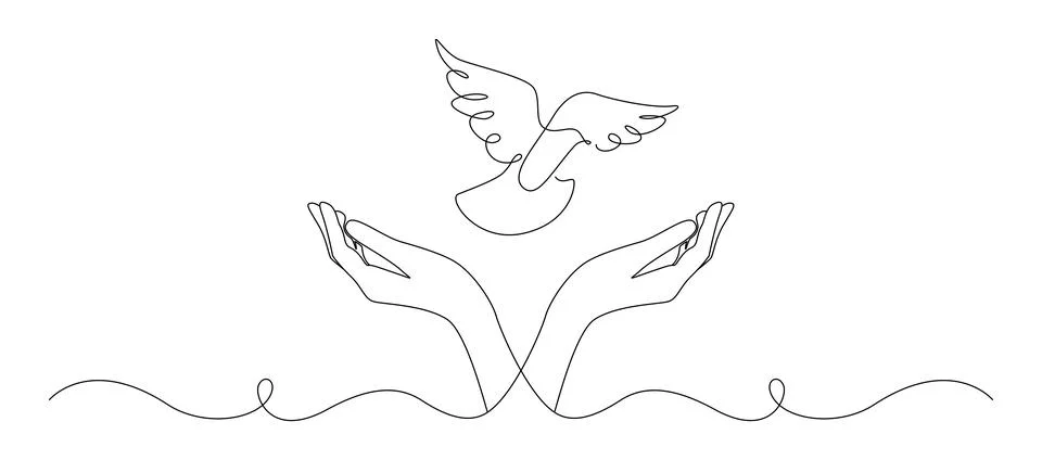 One continuous line drawing of flying dove with two hands. Bird symbol of peace Stock Illustration