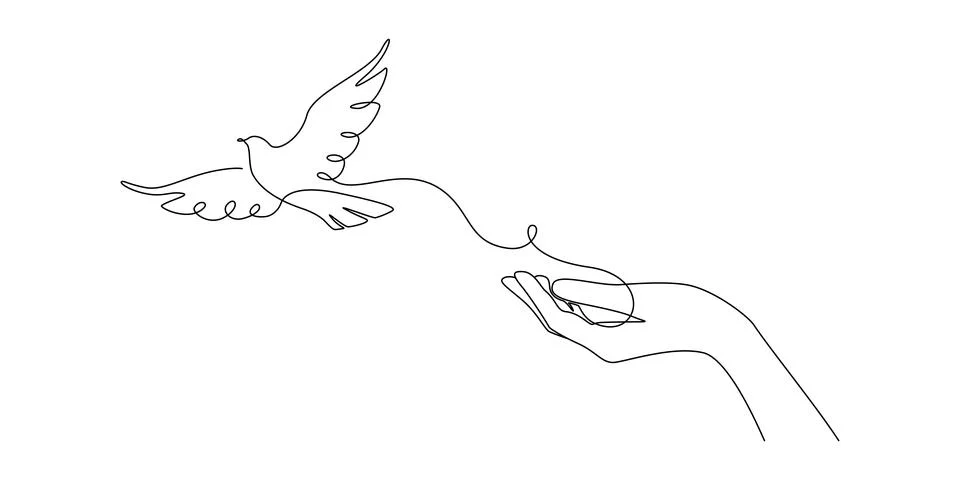 One continuous line drawing of flying dove with two hands. Bird symbol of peace Stock Illustration