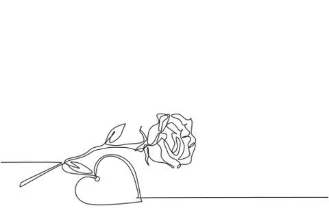 One continuous line drawing of fresh romantic beautiful rose flower and heart Stock Illustration