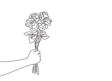 One continuous line drawing of fresh beautiful romantic rose flower bouquet Stock Illustration