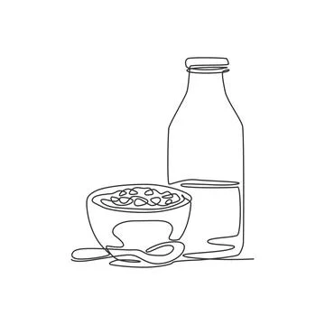 One continuous line drawing fresh delicious bowl of cereal breakfast and milk イラスト素材