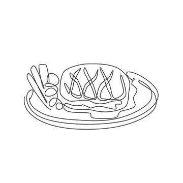 One continuous line drawing of fresh juicy delicious beef steak on hot plate Stock Illustration