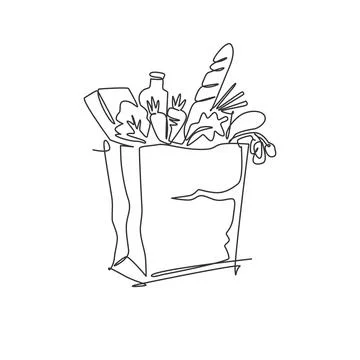 One continuous line drawing of fresh delicious vegetables, milk, baguette Illustrazione stock