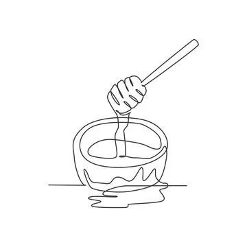 One continuous line drawing of fresh delicious sweet honey on wooden bowl Stock Illustration