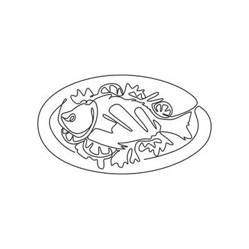 One continuous line drawing fresh delicious baked sea fish on plate resto Stock Illustration