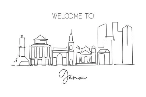 One continuous line drawing of Genoa city skyline Italy. Beautiful skyscraper Stock Illustration