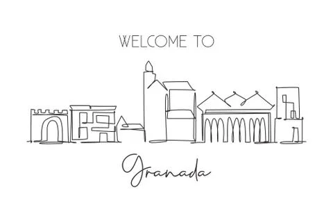 One continuous line drawing of Granada city skyline, Spain Stock Illustration