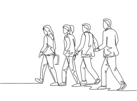 One continuous line drawing of group urban male and female commuters walking Illustrazione stock