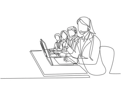 One continuous line drawing group of male and female call center team members Stock Illustration