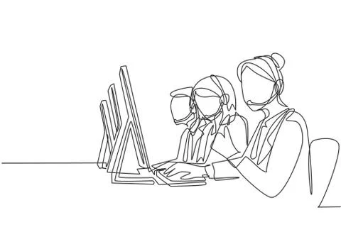 One continuous line drawing group of male and female telemarketing team Stock-Illustration