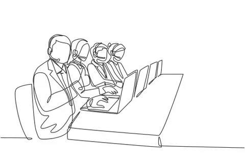 One continuous line drawing group of male and female telemarketing team Stock-Illustration