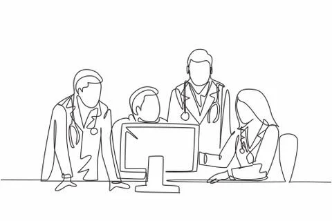 One continuous line drawing group of young doctor discuss proper treatment Illustrazione stock