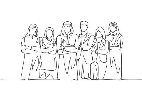 One continuous line drawing group of muslim and multi ethnic businessperson Stock Illustration