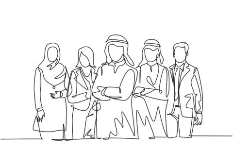 One continuous line drawing group of young muslim and multi ethnic manager Illustrazione stock