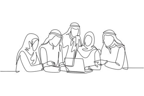 One continuous line drawing group of young muslim marketing managers talking Illustrazione stock