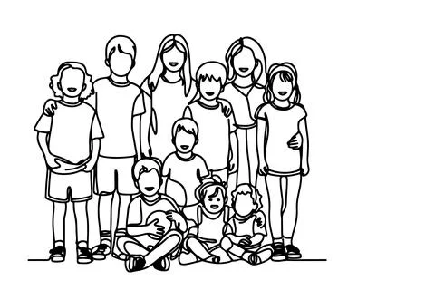 One continuous line drawing of a group of children holding each other's han.. Stock Illustration