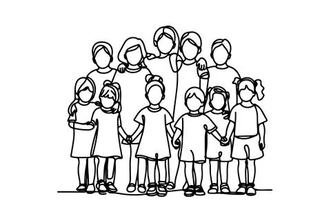 One continuous line drawing of a group of children holding each other's han.. Stock Illustration