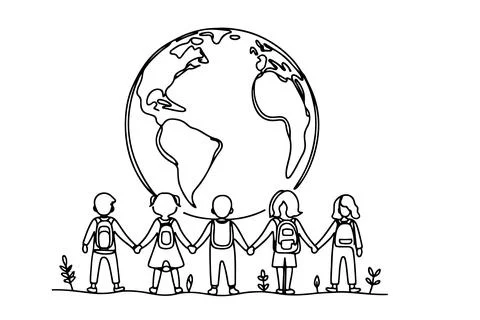 One continuous line drawing of a group of children holding each other's han.. Stock Illustration