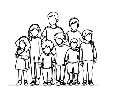 One continuous line drawing of a group of children holding each other's han.. Stock Illustration