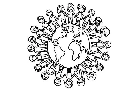 One continuous line drawing of a group of children holding each other's han.. Stock Illustration