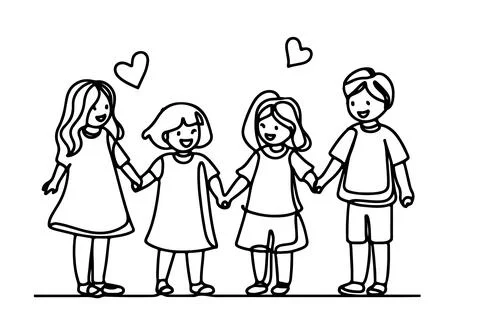 One continuous line drawing of a group of children holding each other's han.. Stock Illustration