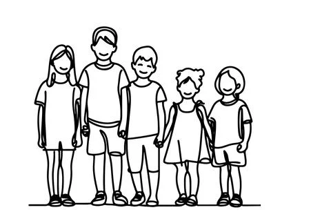 One continuous line drawing of a group of children holding each other's han.. Stock Illustration