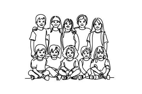 One continuous line drawing of a group of children holding each other's han.. Stock Illustration