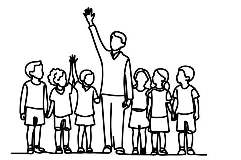 One continuous line drawing of a group of children holding each other's han.. Stock Illustration