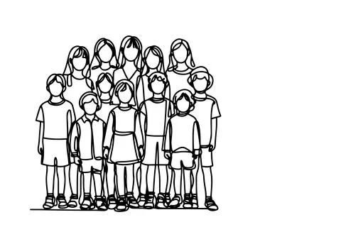 One continuous line drawing of a group of children holding each other's han.. Stock Illustration