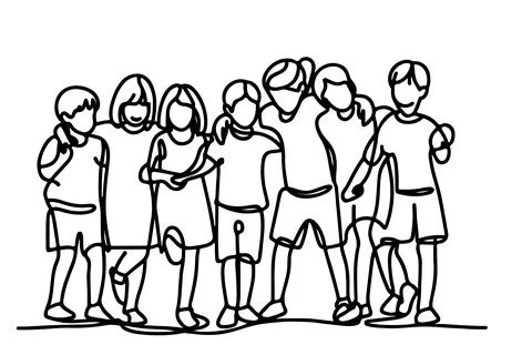 One continuous line drawing of a group of children holding each other's han.. Stock Illustration